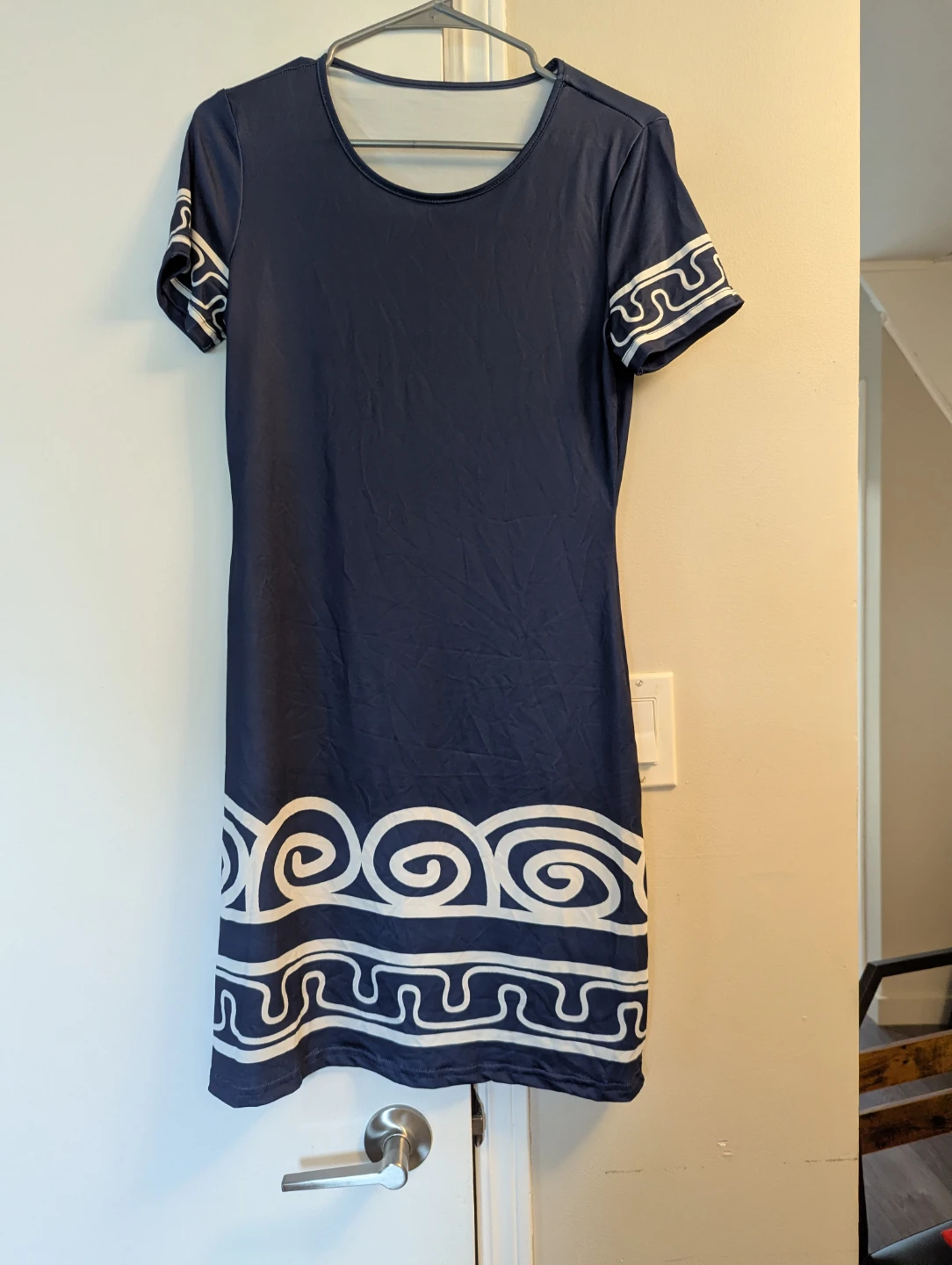 Navy Blue Dress with White Swirl Pattern