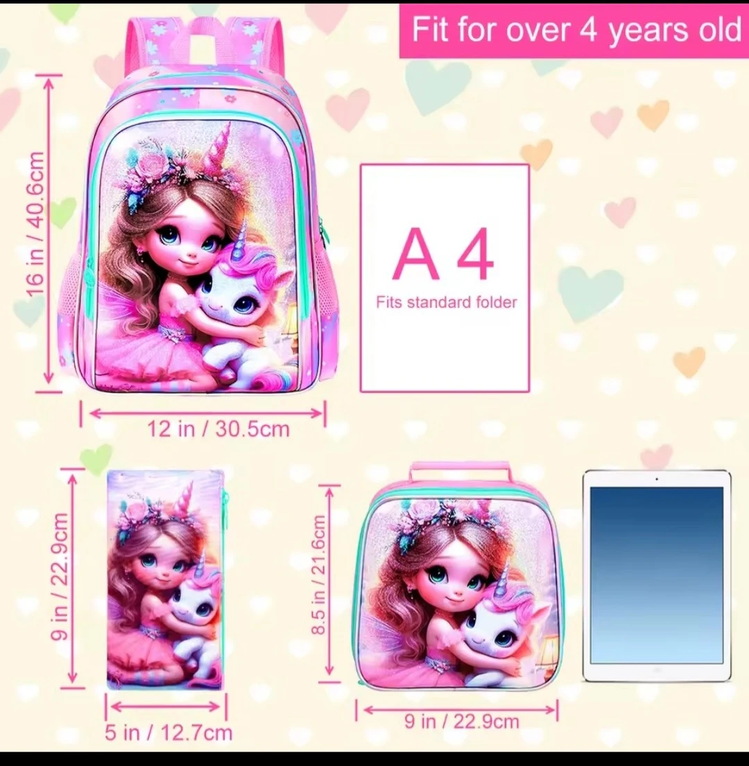 3-Piece Unicorn Backpack Set with Lunch Bag and Pencil Case