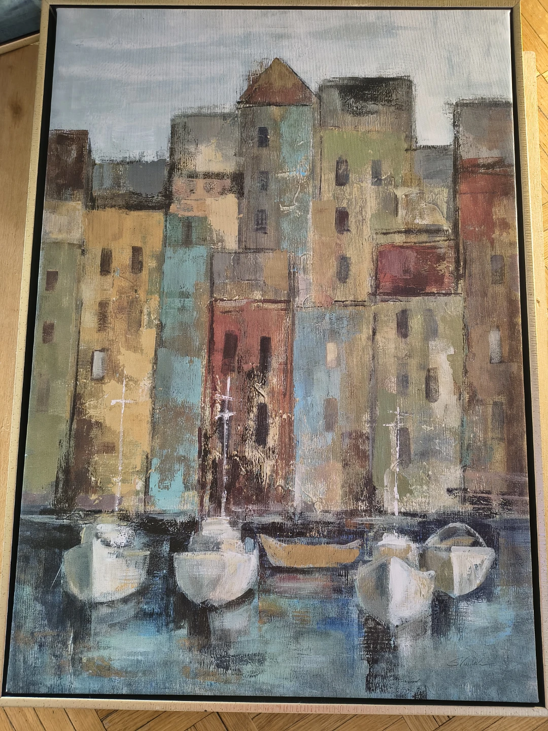 Painting of a European coastal town with boats - photo 2