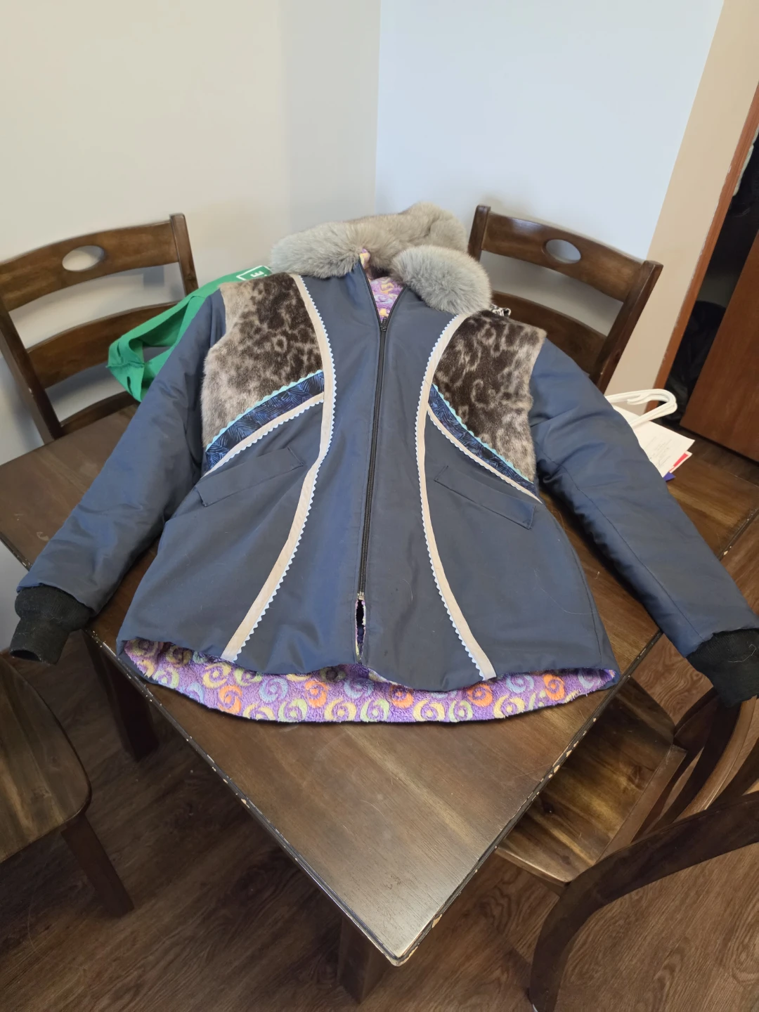 Blue winter parka with fur trim