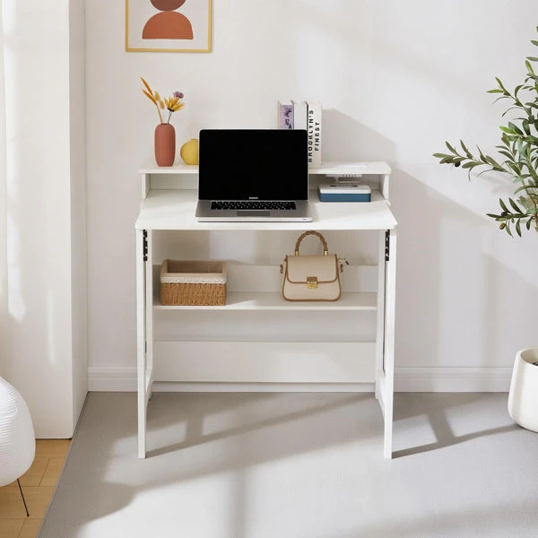 White Folding Desk with Shelves