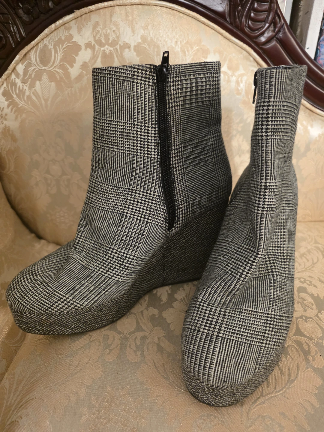 Black and White Plaid Wedge Ankle Boots - photo 2