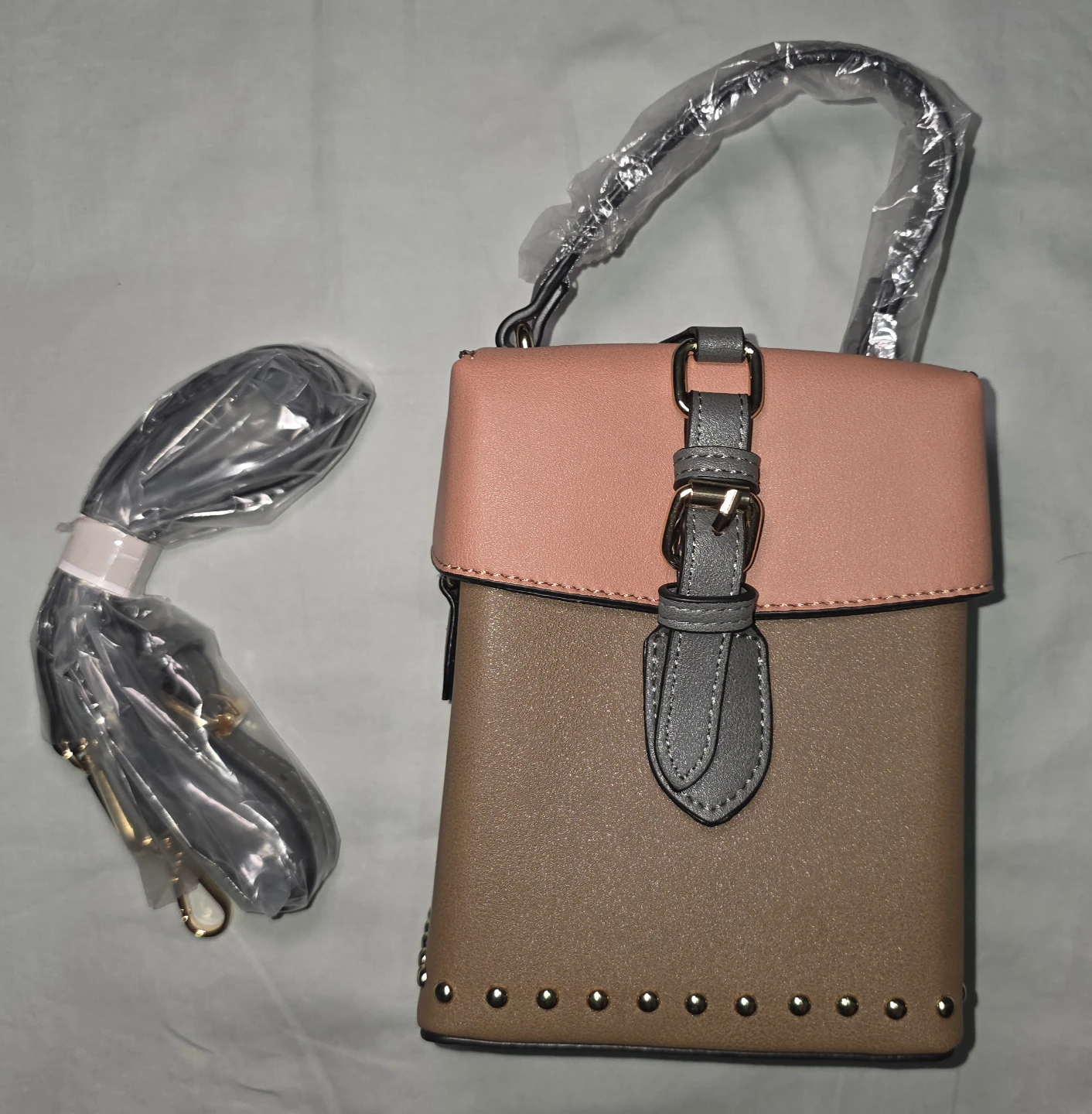 Small Faux Leather Crossbody Bag - Tan and Pink