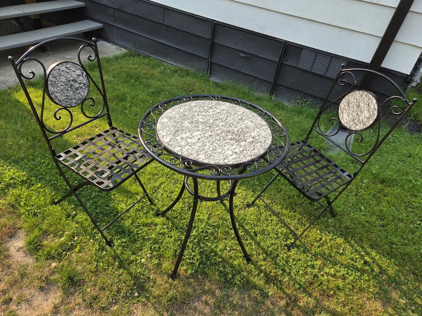 Black wrought iron Bistro Set with Granite Top Table and Chairs