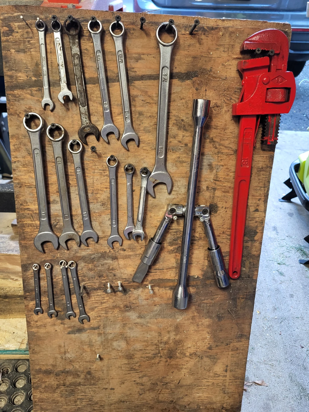 Wrench Set and Pipe Wrench on Board Organizer