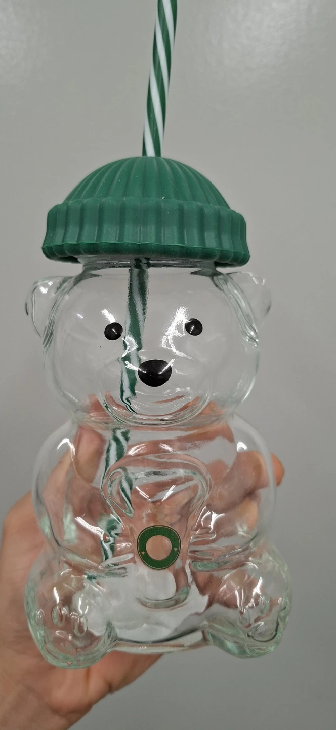 Glass Bear Tumbler with Green Beanie Lid and Straw