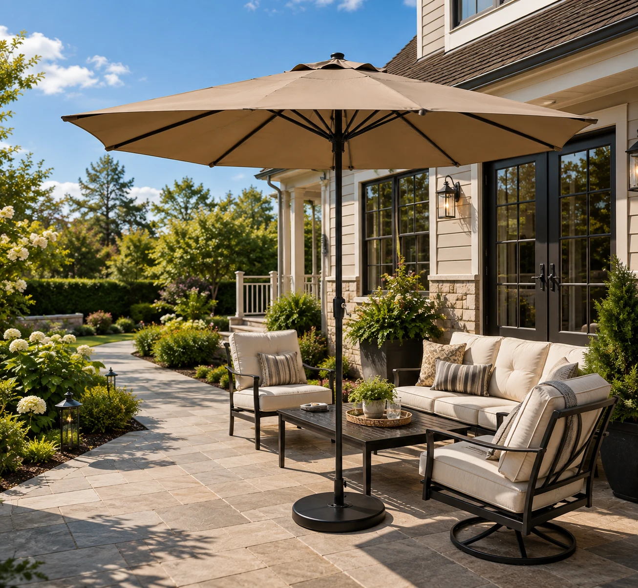 Tan Patio Umbrella with Base