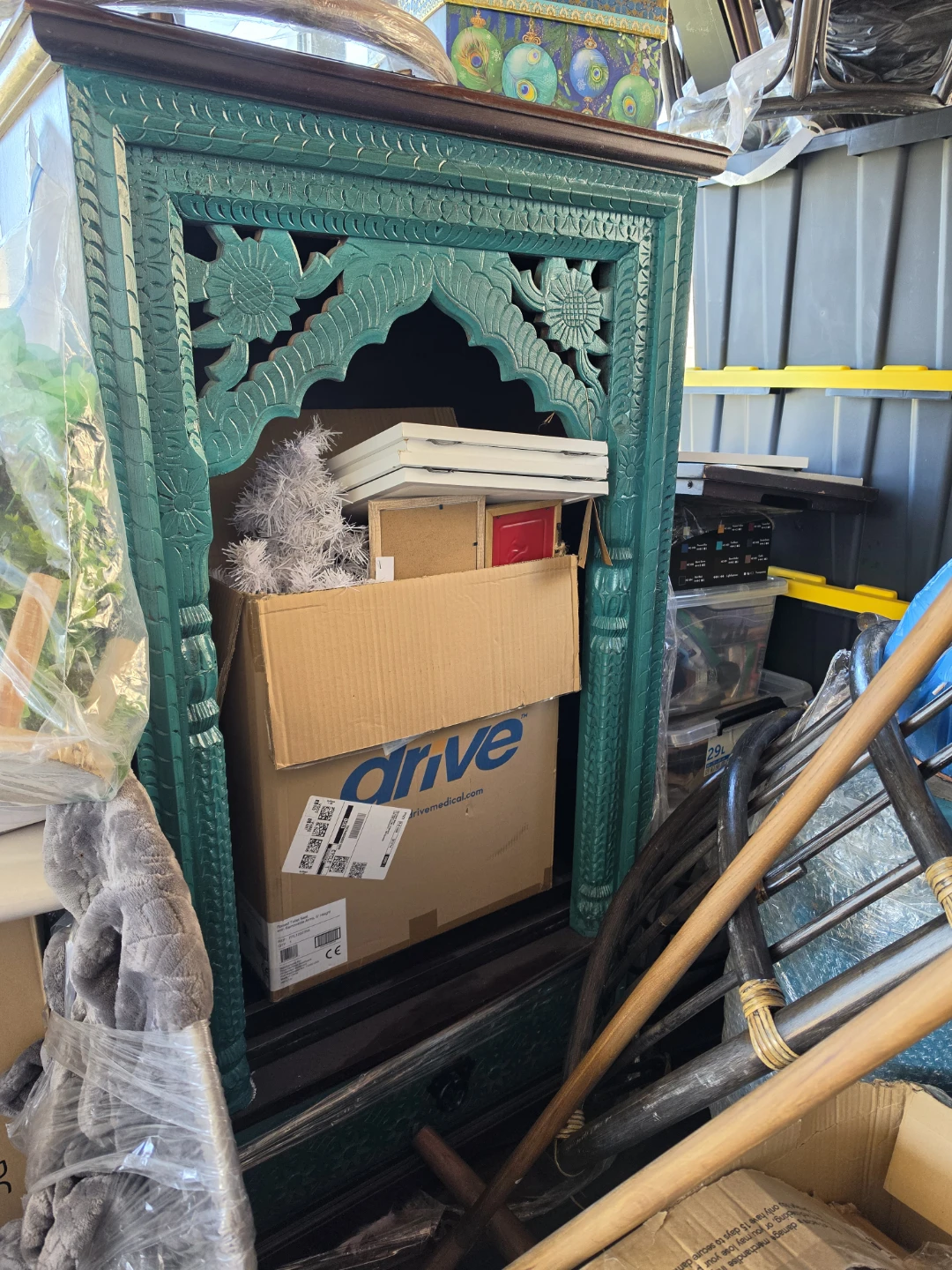 Teal Carved Wood Hutch with Glass Doors - photo 2