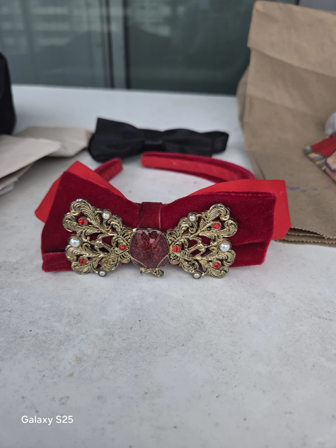 Red Velvet Bow Headband and Black Bow Tie Set - photo 2