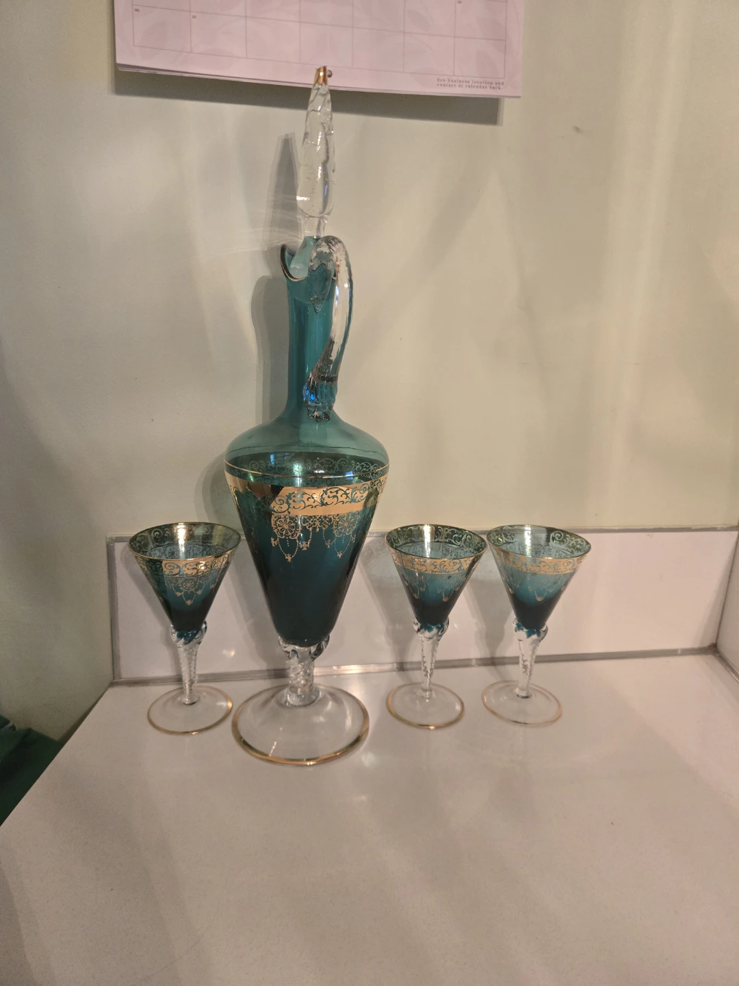 Teal Glass Decanter and Glasses Set with Gold Trim