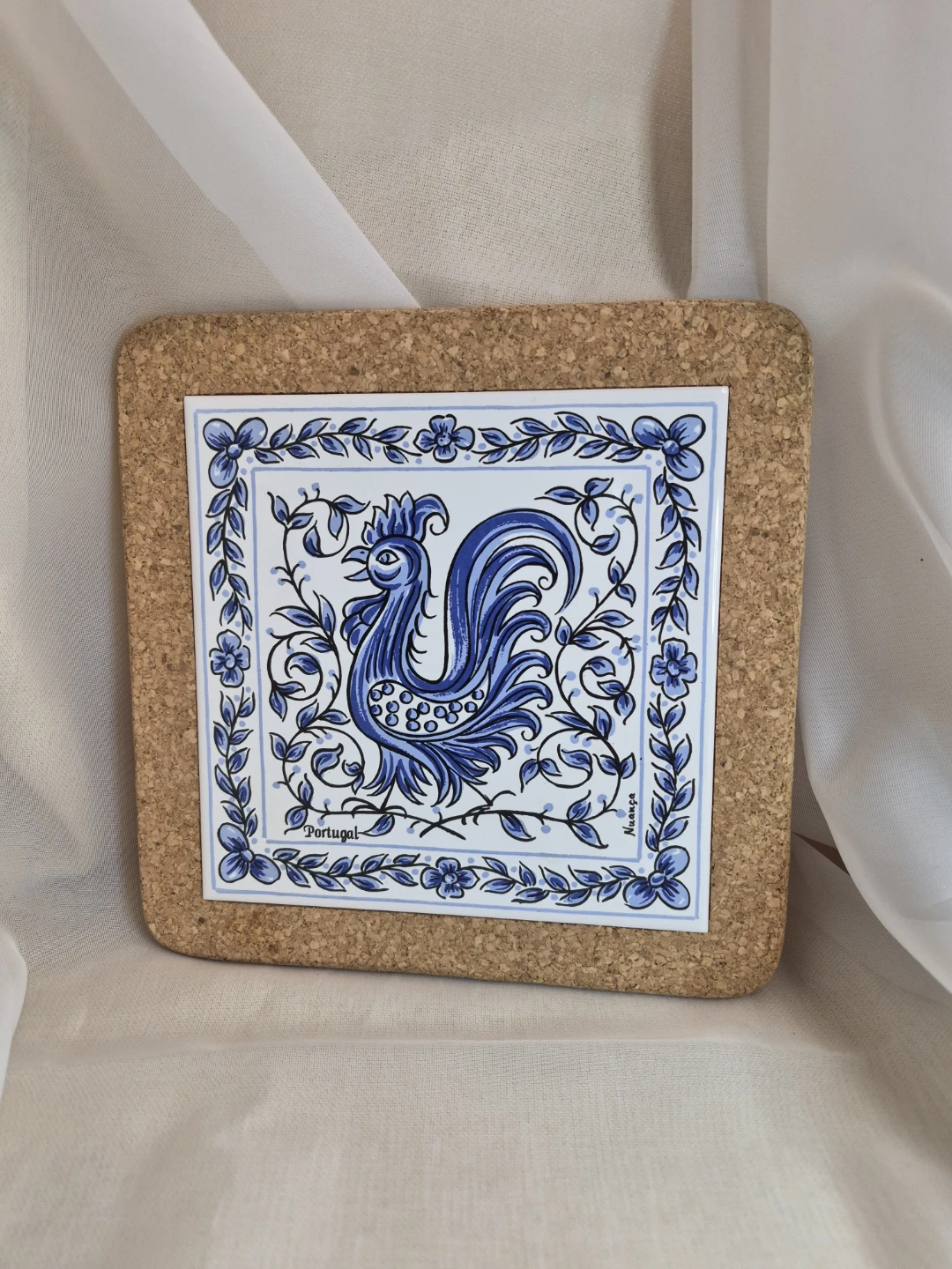 7 3/4" Square Cork Ceramic Trivet Blue Rooster- Portugal - photo 4