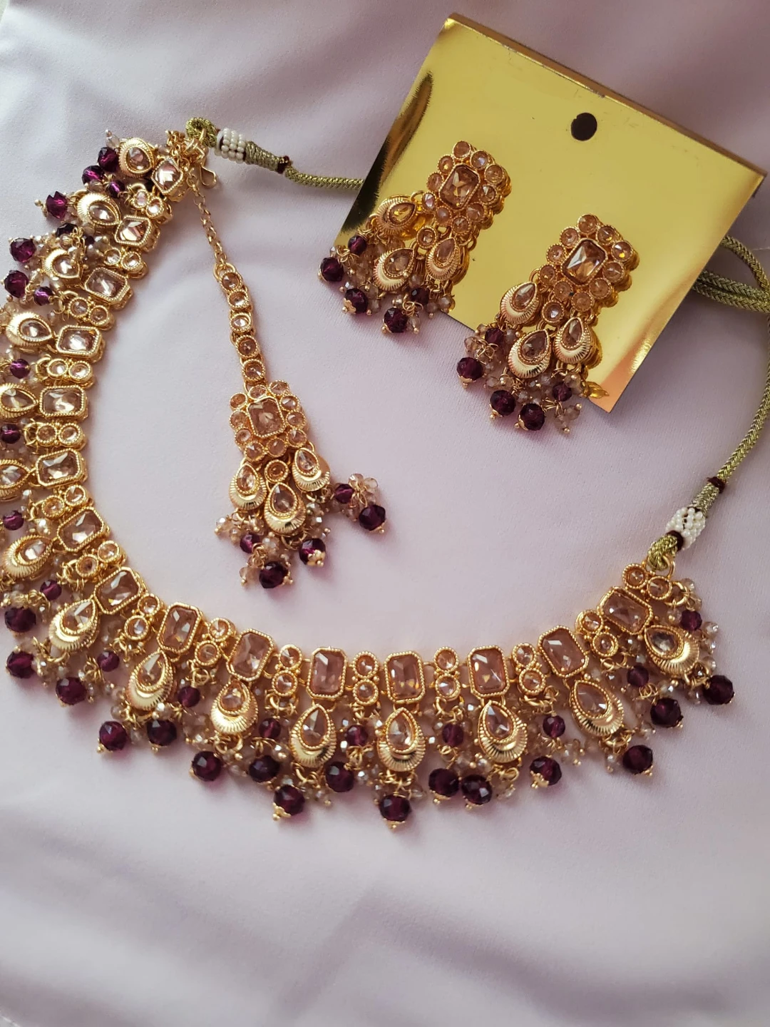 Gold-tone Necklace and Earring Set with Purple Beads
