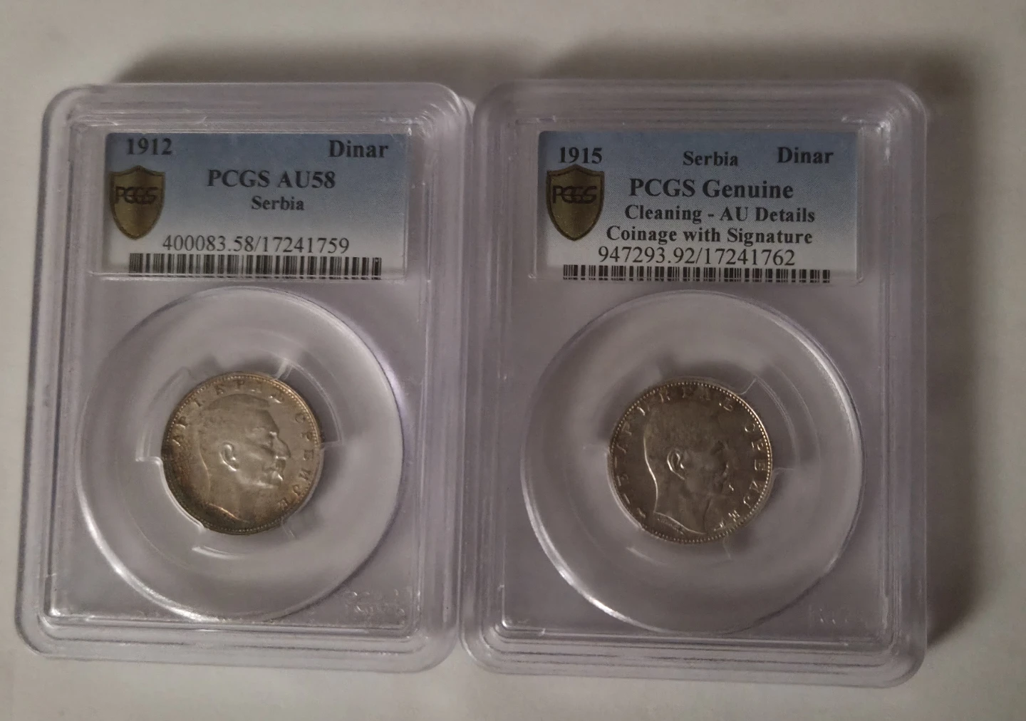 PCGS Graded 1912 and 1915 Serbia 1 Dinar Silver Coins