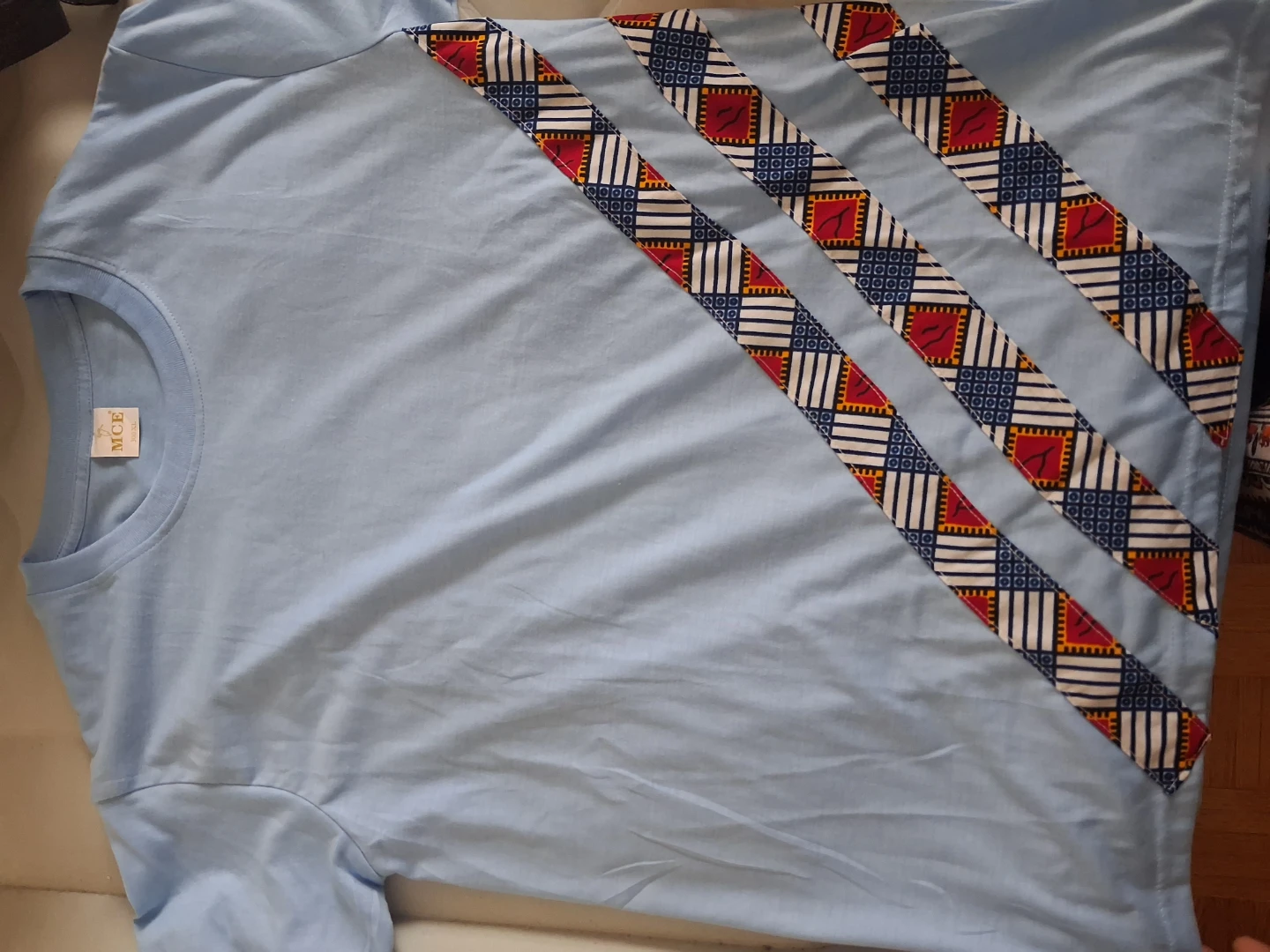 Light Blue T-Shirt with African Print Detail