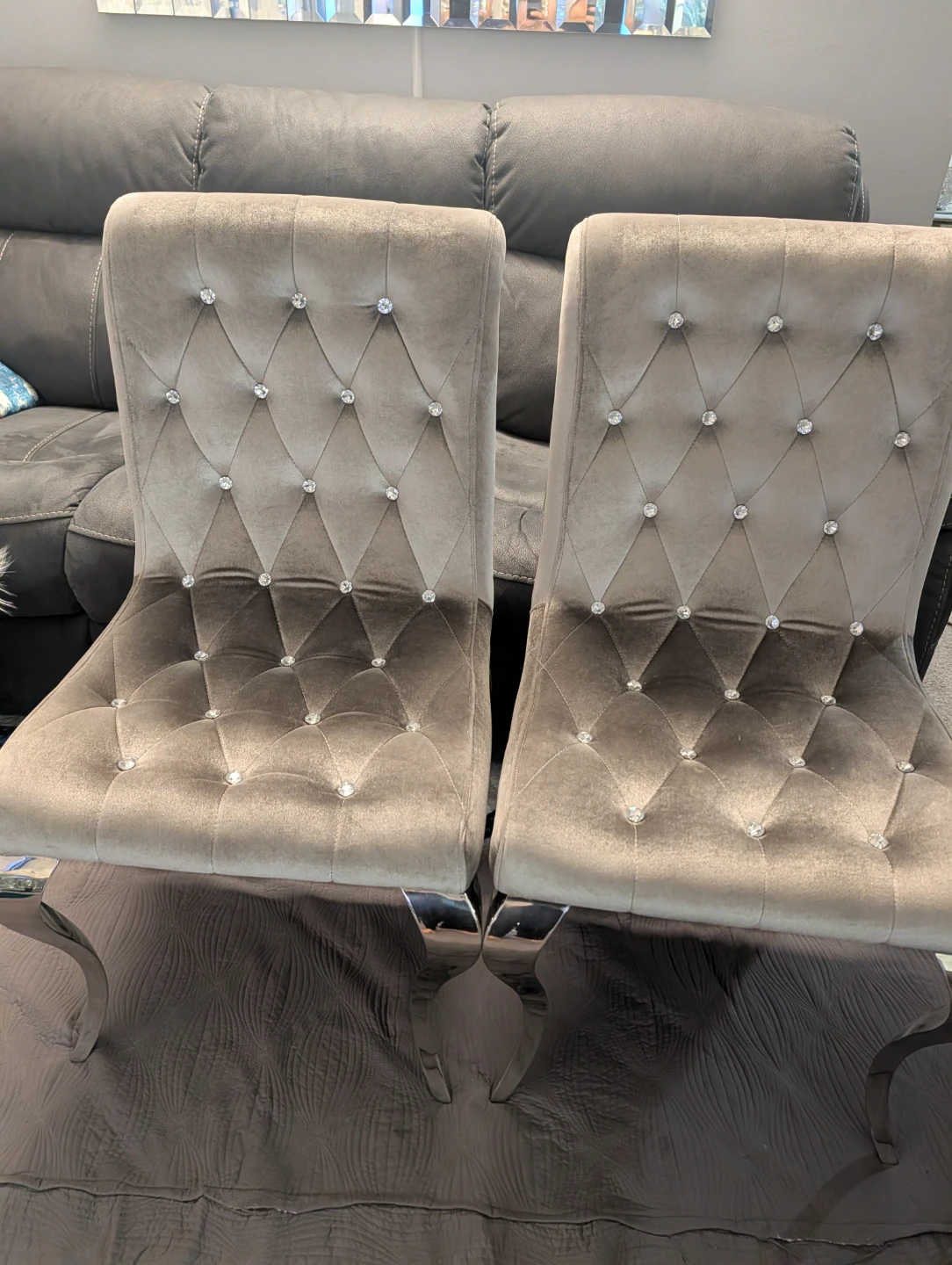 2x Grey Velvet Dining Chairs with Crystal Buttons