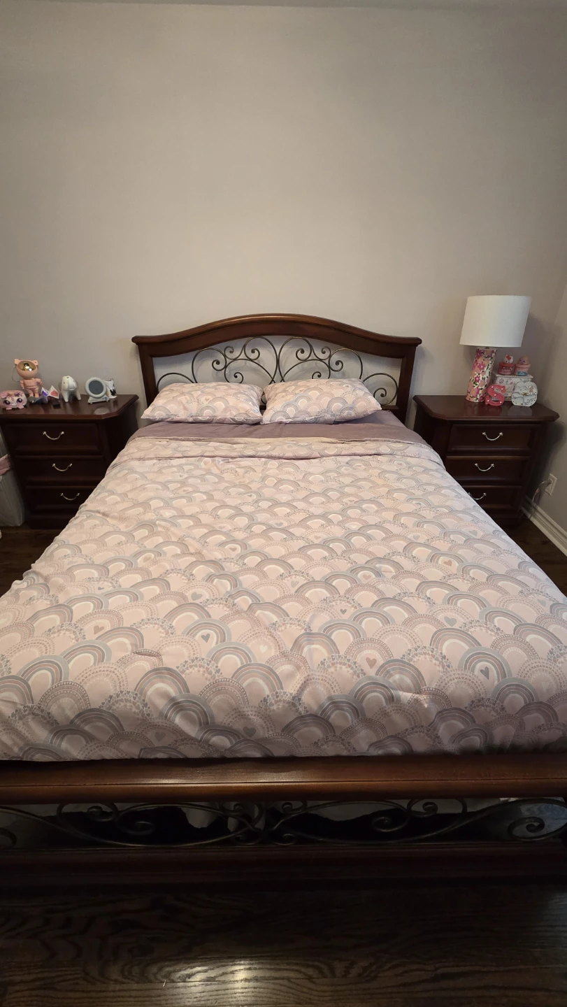 Queen Sized Wood and Wrought Iron Bed and 2 night stands