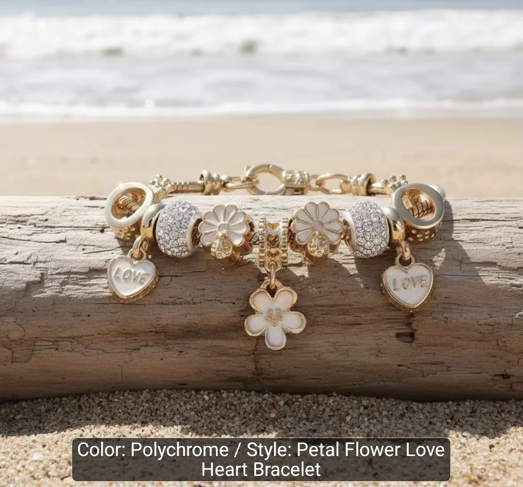 Petal Flower Love Heart Charm Bracelet 17+4cm - photo 3