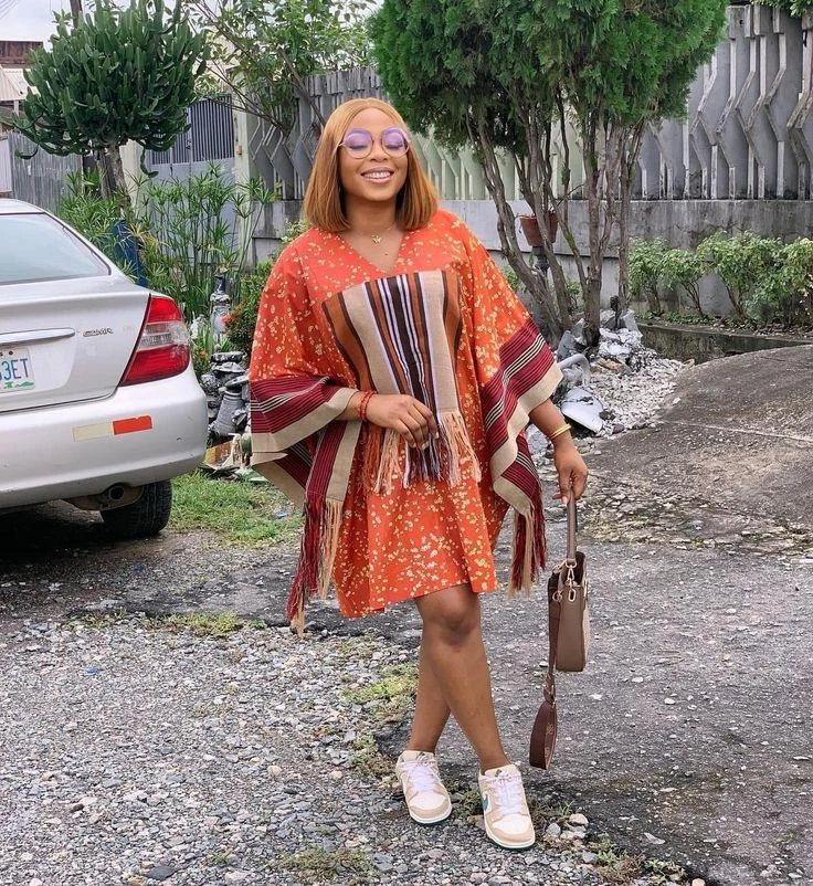 Orange Floral Kaftan Dress with Striped Trim