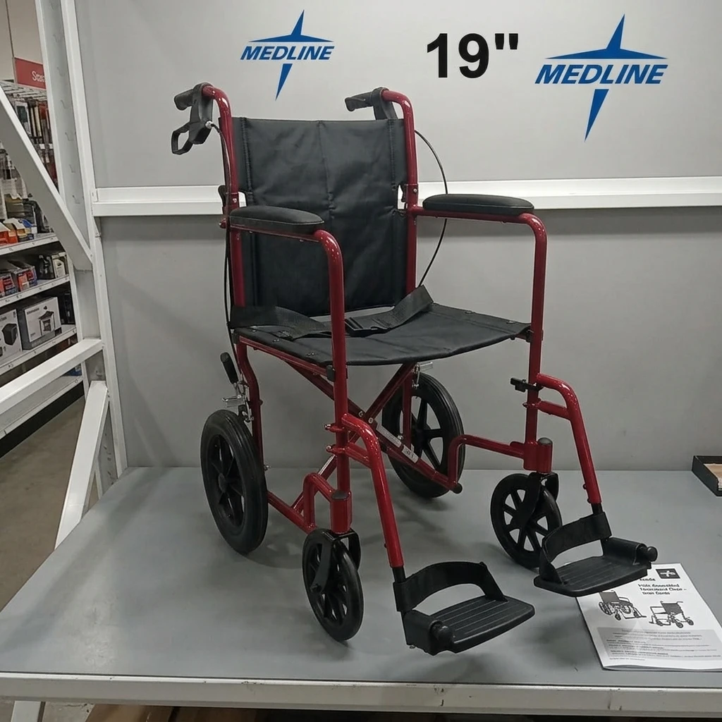 Medline 19" basic aluminum Transport Wheelchair, 12" rear wheels