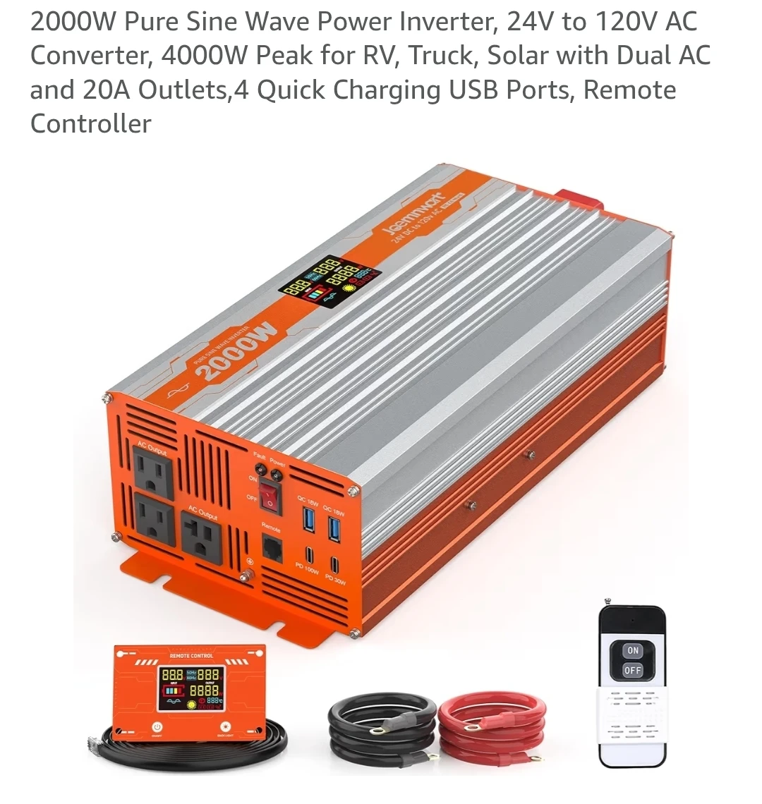 2000W Pure Sine Wave Power Inverter, 12V to 120V AC Converter