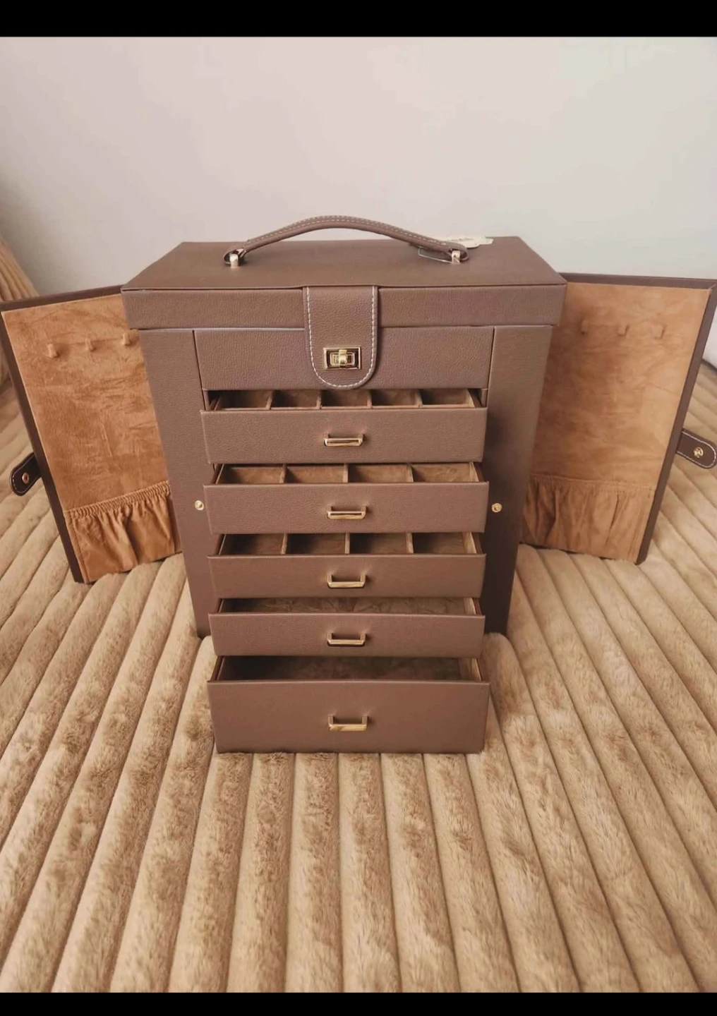Brown Faux Leather Jewelry Box Organizer with Drawers - photo 2