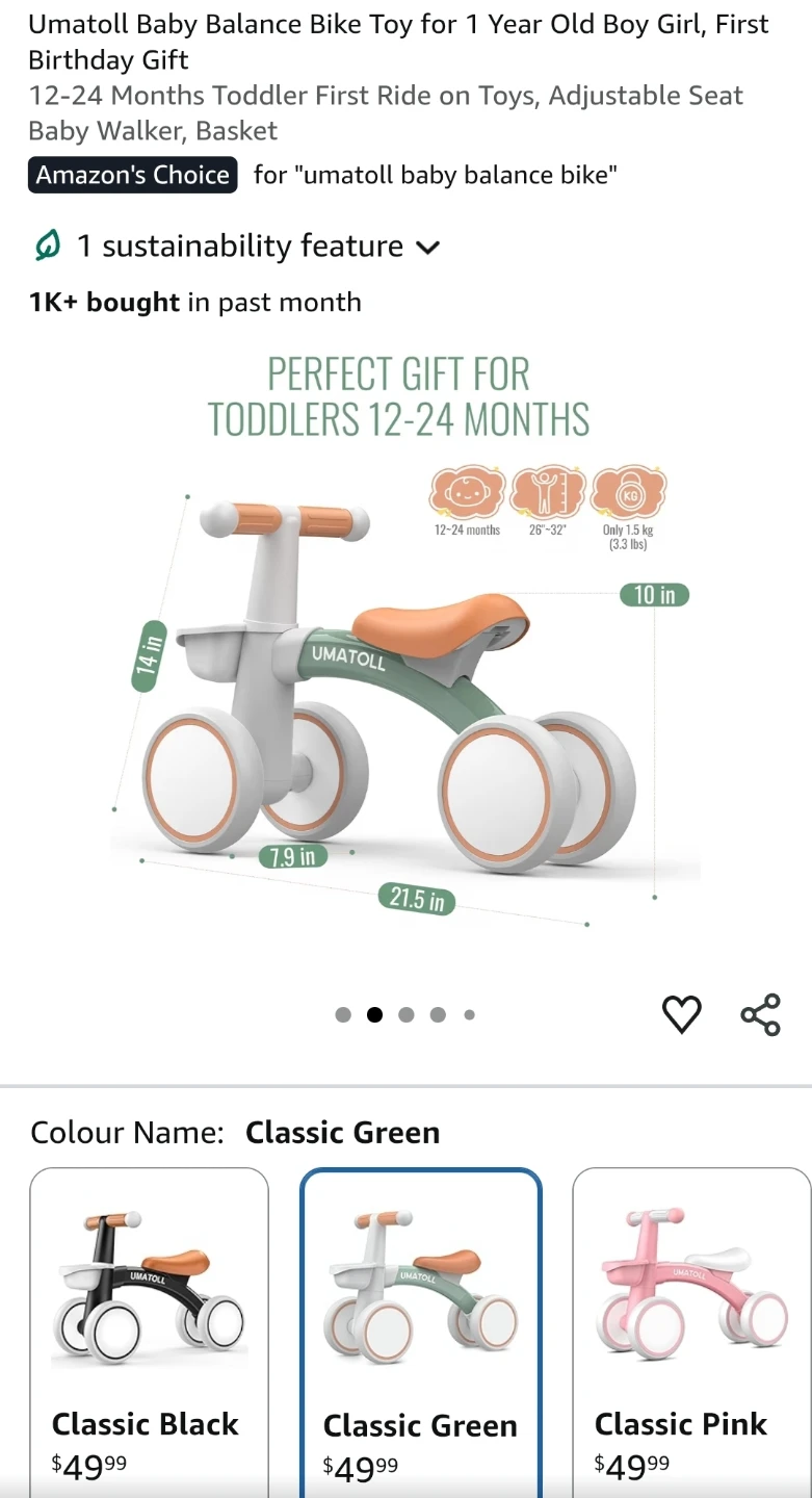 Umatoll Baby Balance Bike Green - photo 2