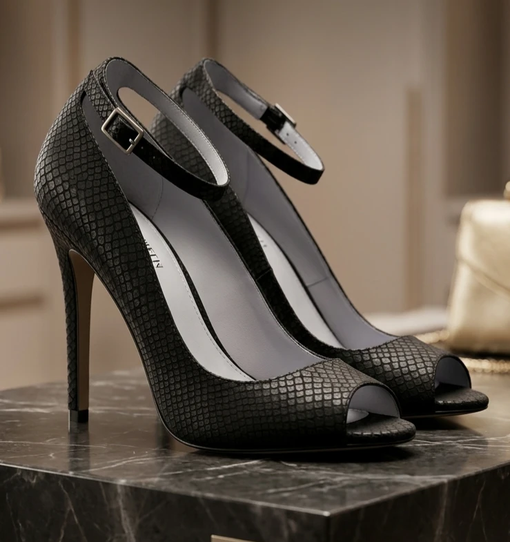 ShoeMint Black Peep-Toe Heels with Ankle Strap