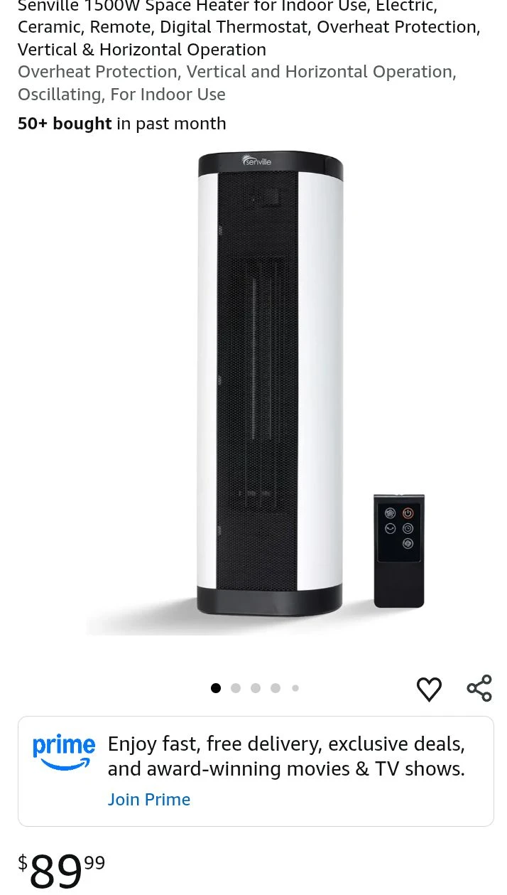 Senville 1500W Ceramic Tower Heater with Fan and Remote