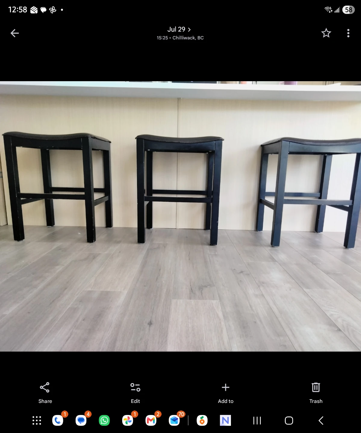 Set of 3 Black Bar Stools, Brown Leather. - photo 2