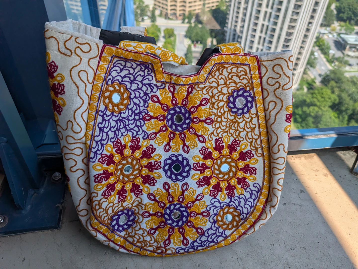 Embroidered Tote Bag with Mirror Accents