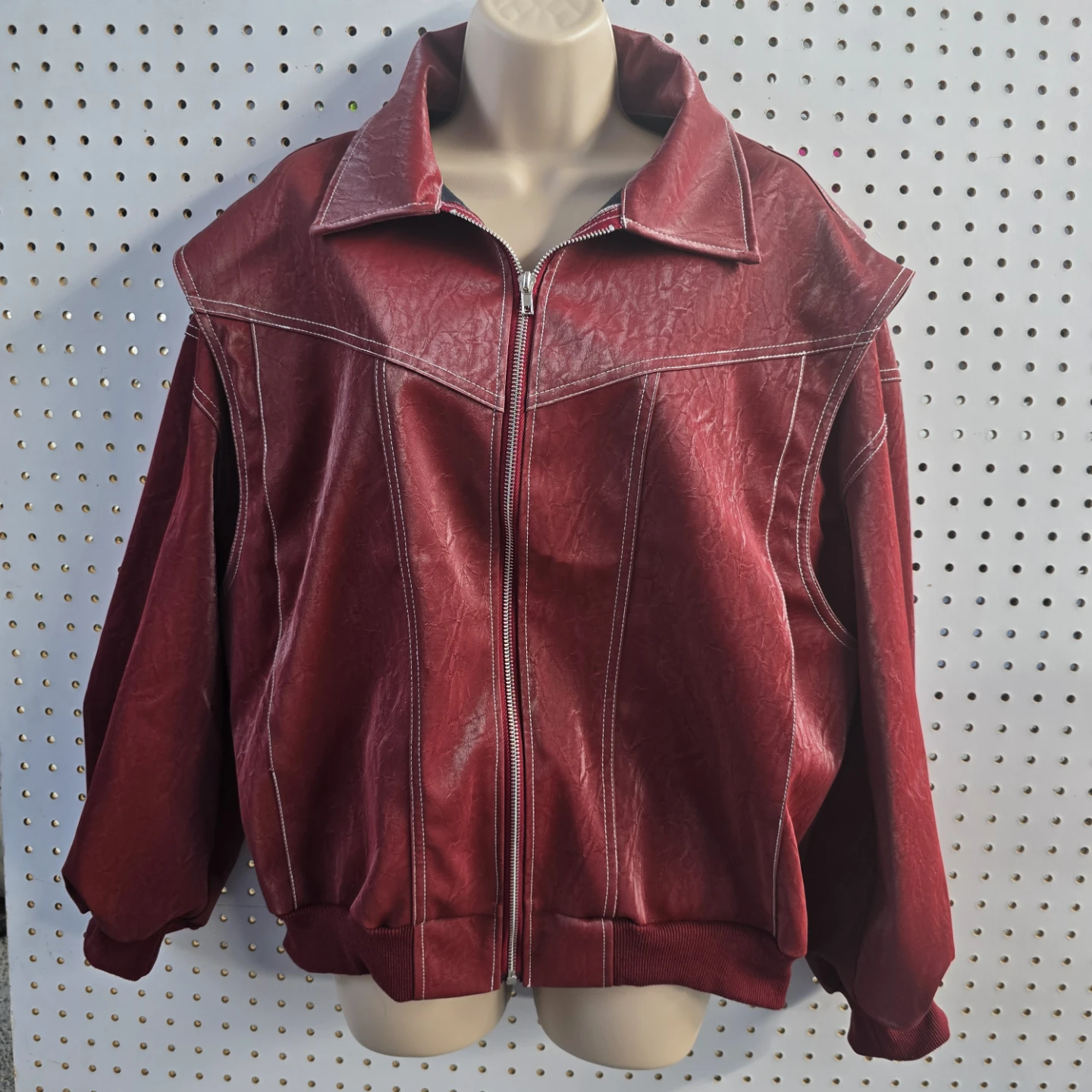 Red Faux Leather Bomber Jacket
