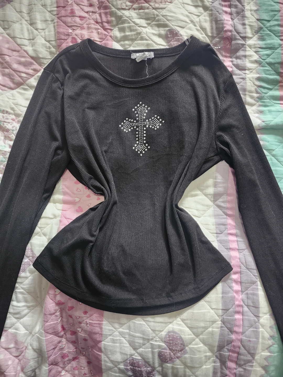 2000's Alternative Black Long Sleeve Rhinestone Cross Shirt