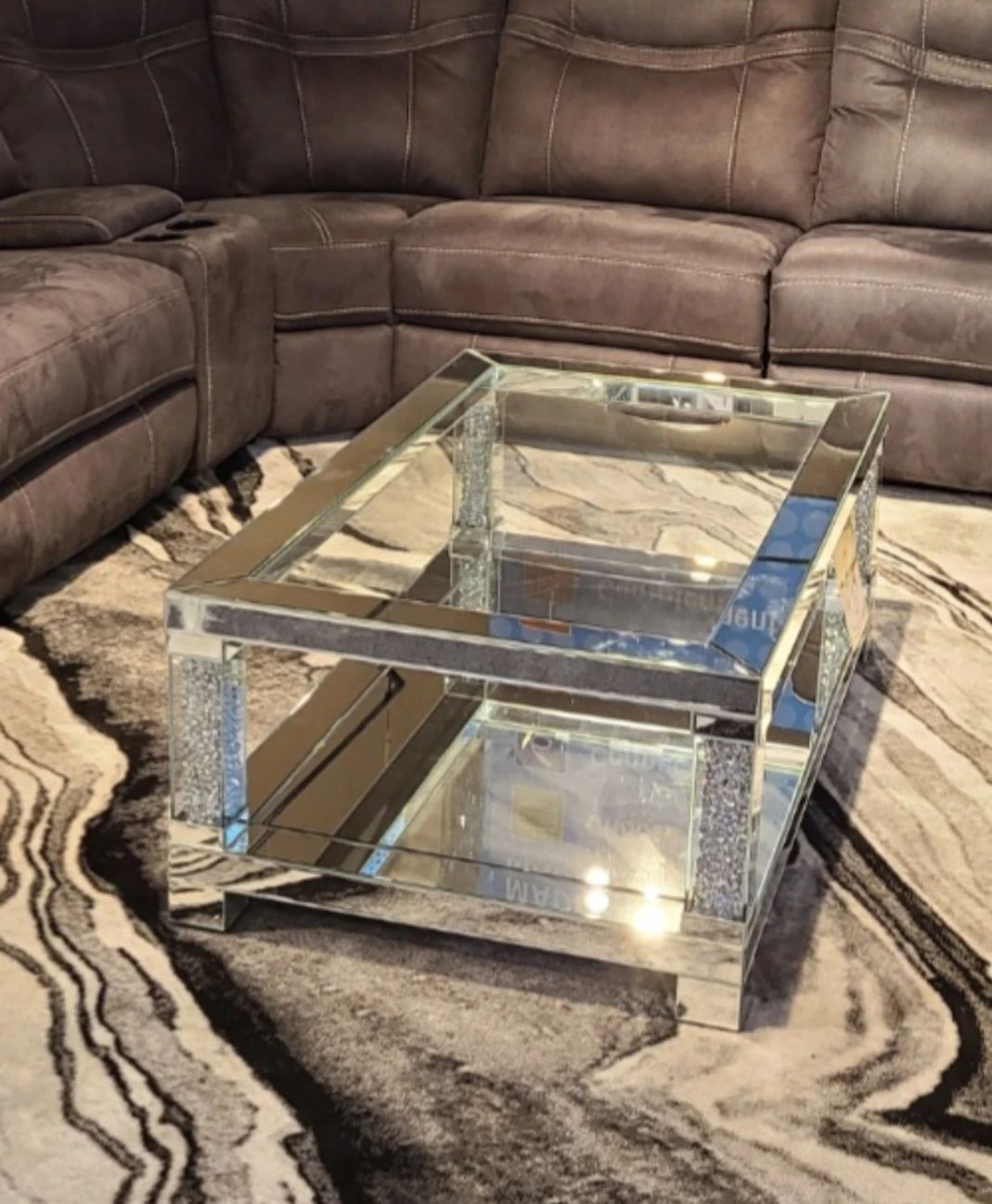 Mirrored Coffee Table with Crushed Diamond Accents