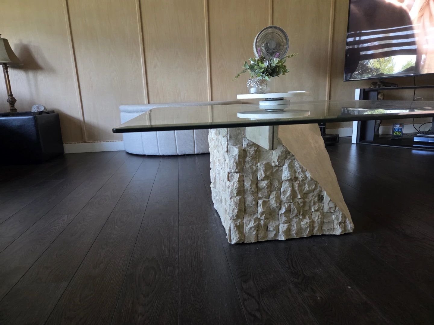 Glass Top Coffee Table with Stone Base