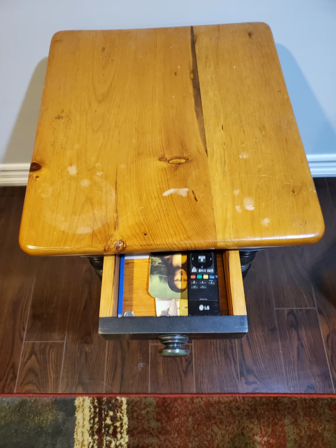 Vintage rustic Wooden Side Table with Drawer - photo 3