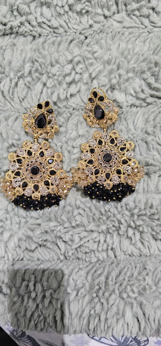 Gold Tone Statement Earrings with Black  Embellishments