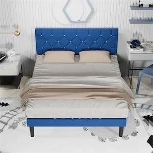 Blue Tufted Platform Bed Frame