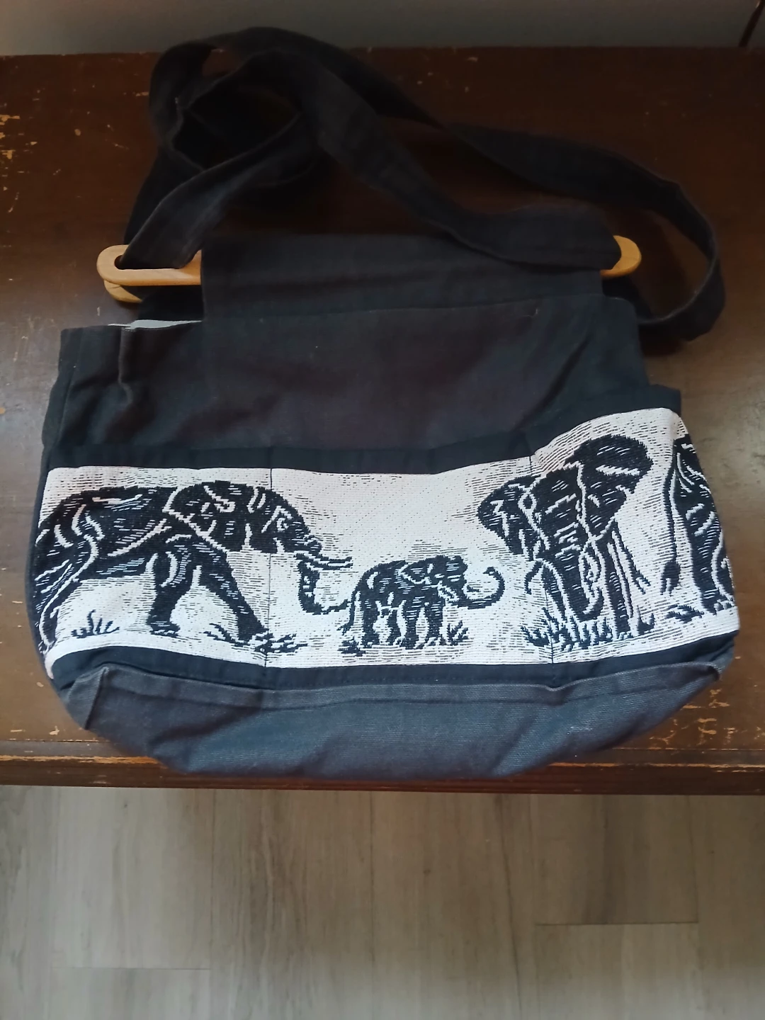 Black Shoulder Bag with Elephant Pattern