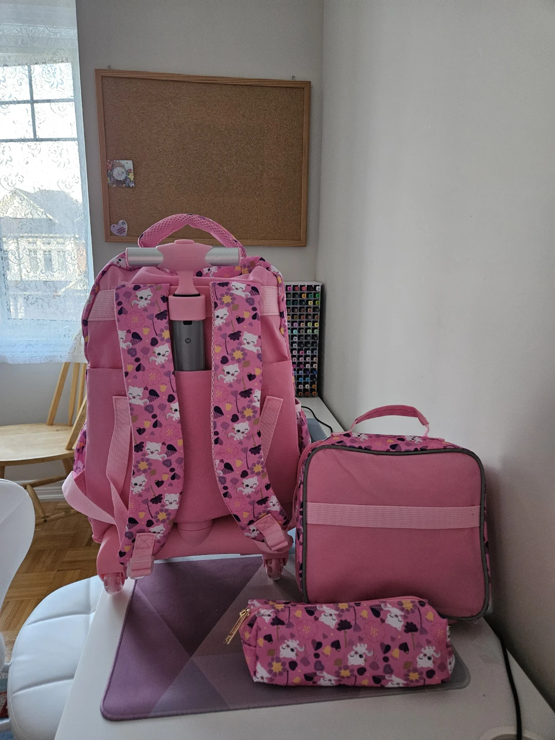 Pink Cat Sequin Rolling Backpack with Lunch Bag & Pencil Case - photo 2