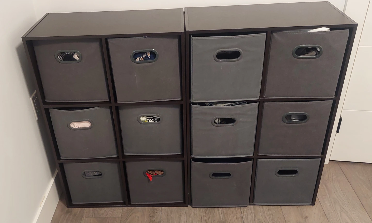 2x Dark Brown 6-Cube Storage Unit with Grey Bins
