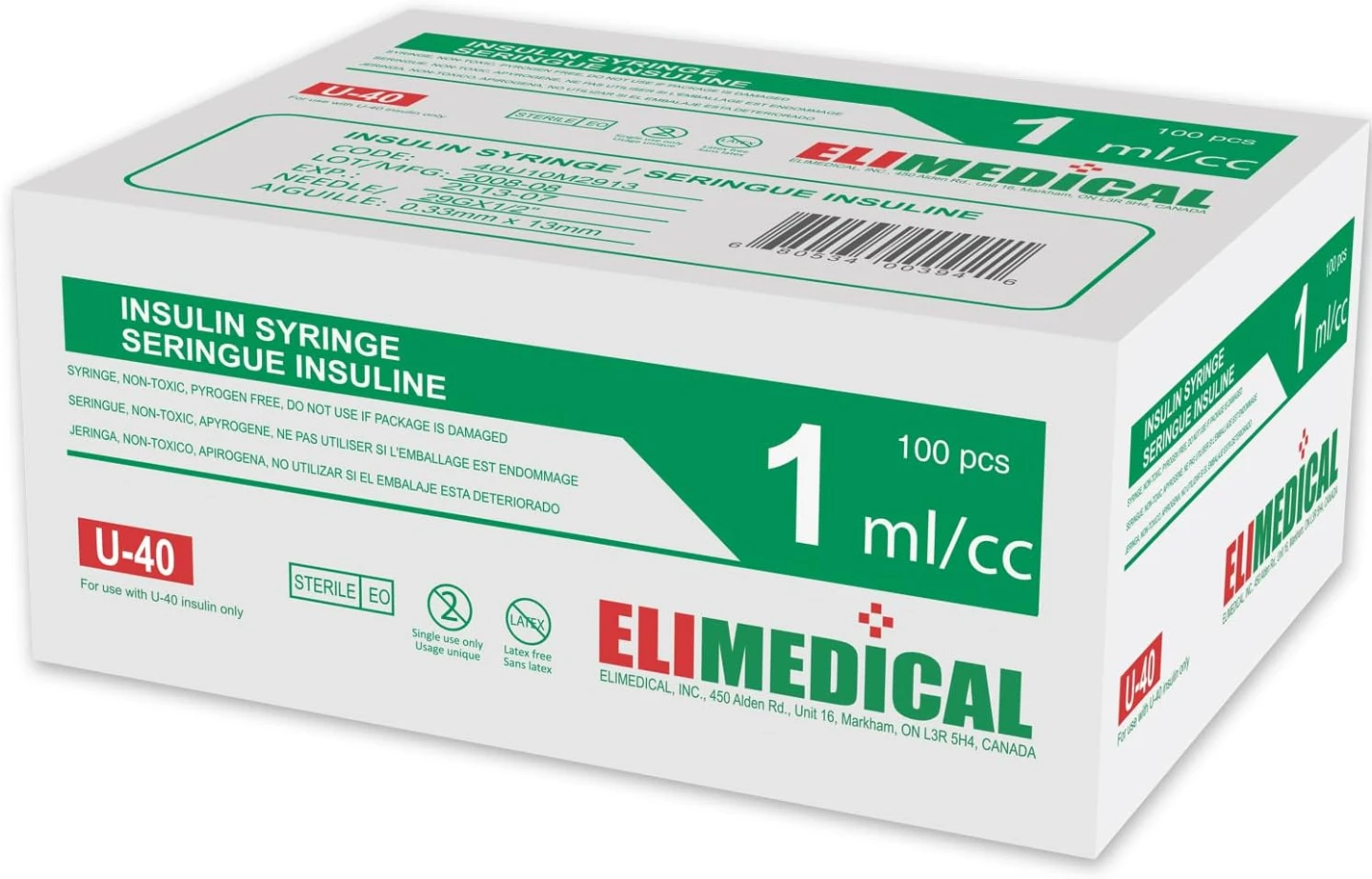 ELIMEDICAL Insulin Syringes 1ml U-40 29G x 1/2" (100 pcs)
