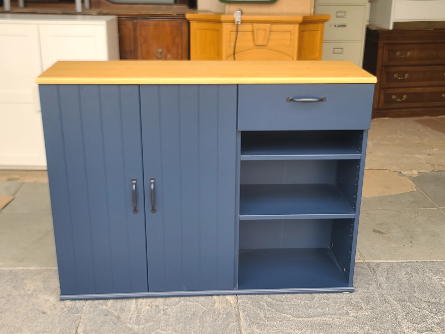 IKEA SKRUVBY Blue Storage Cabinet – Wood Top, Drawer & Shelves