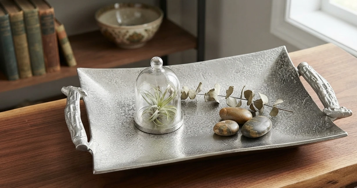 Decorative Metal Tray with Antler Handles