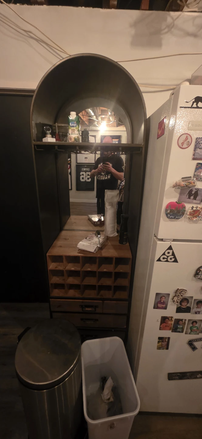 Vintage Metal and Wood Bar Cabinet with Mirror
