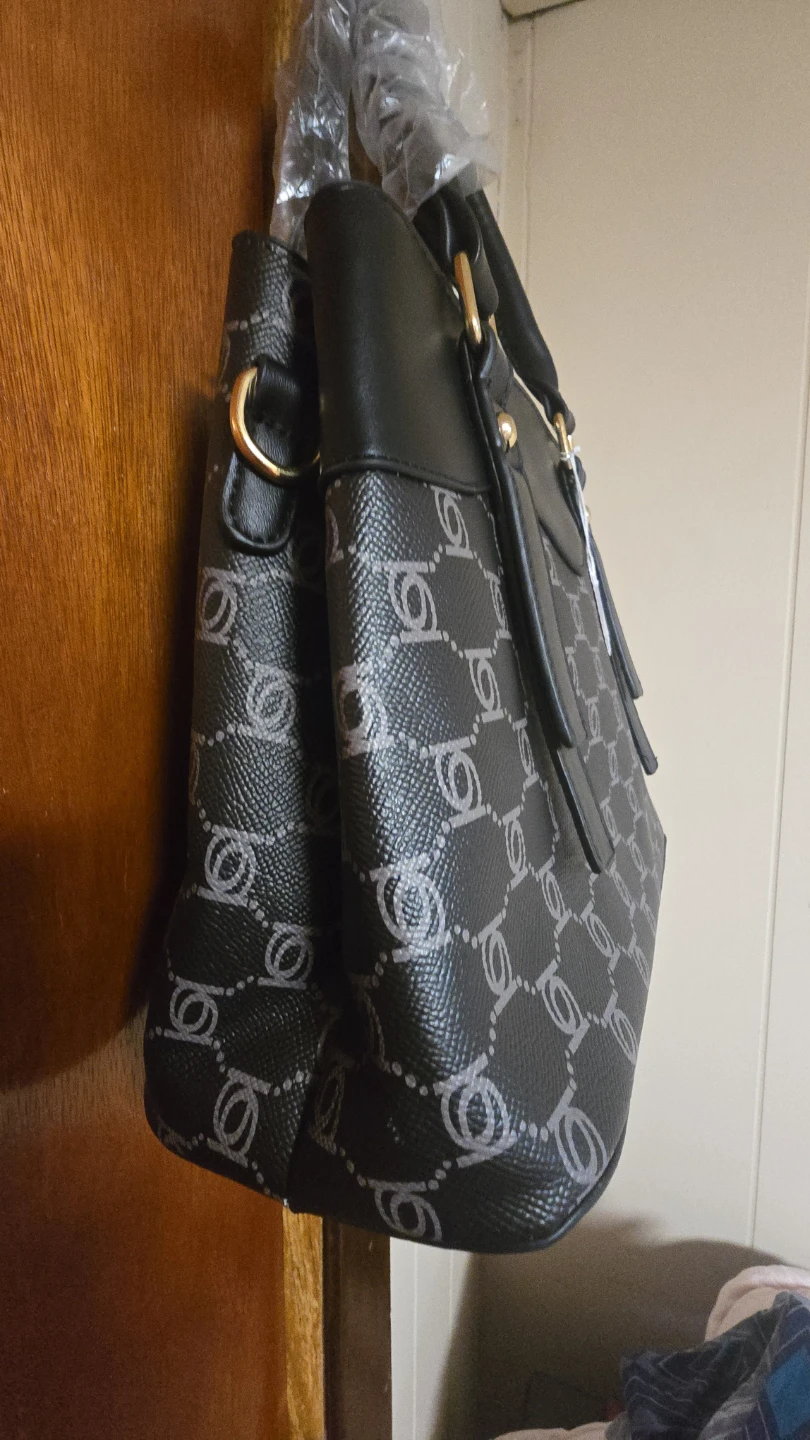 Black Tote Handbag with Monogram Pattern