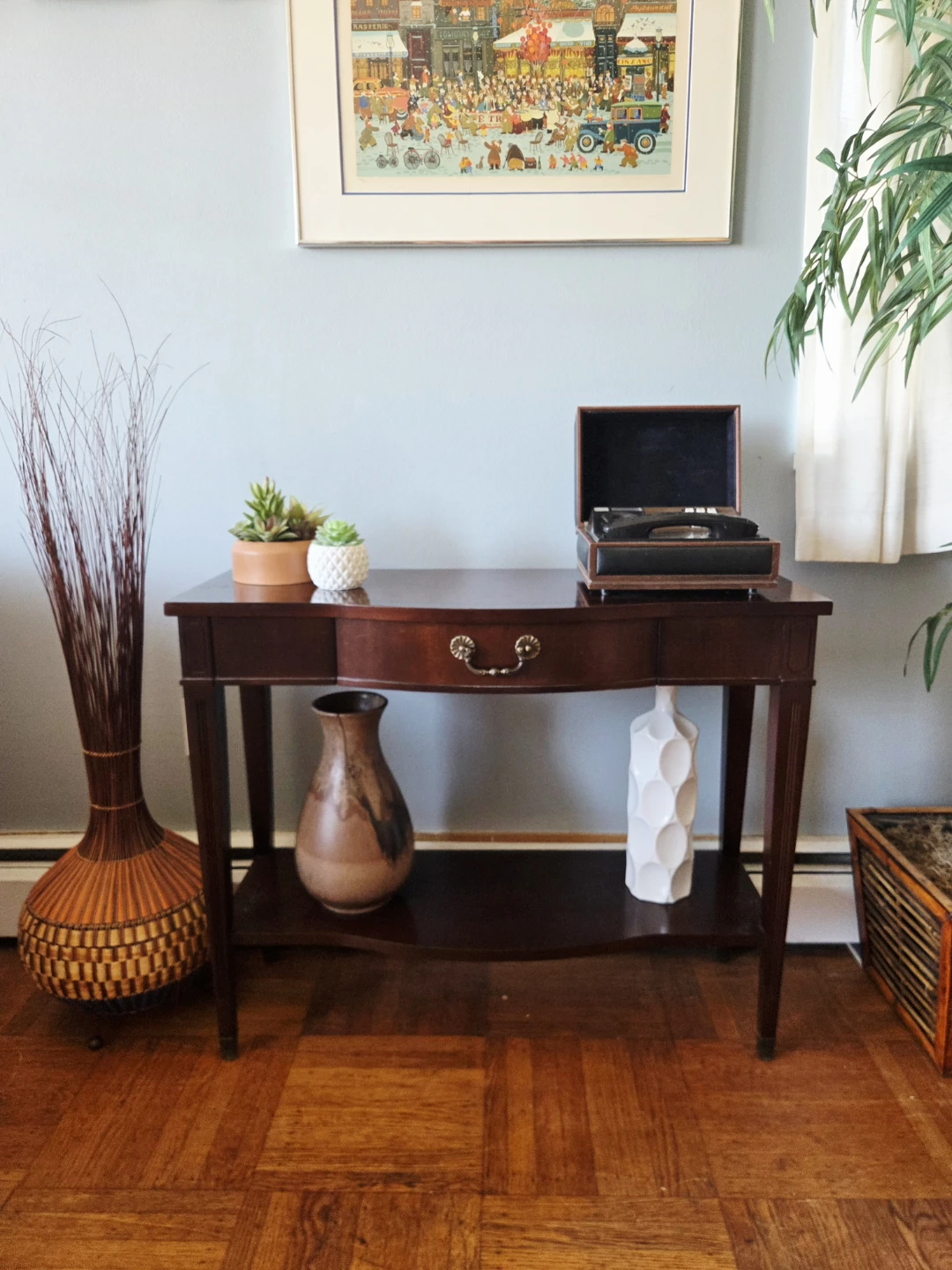 Vtg Solid Mahogany Single Drawer Console Table by Knechtel - photo 5