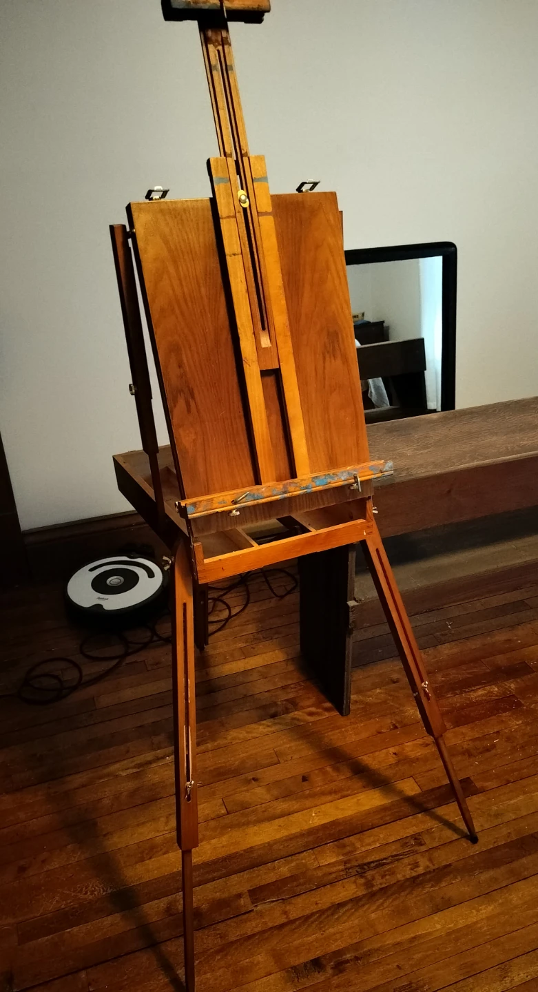 Wooden Art Easel with Paint Tubes and Palette