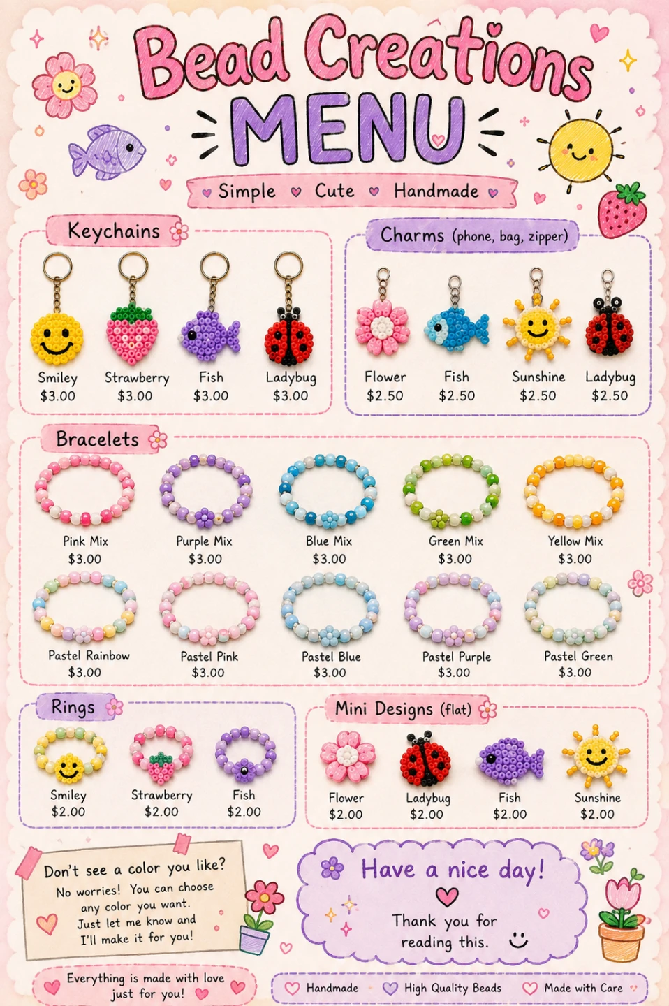 Menu of things u can get (pony bead designs)