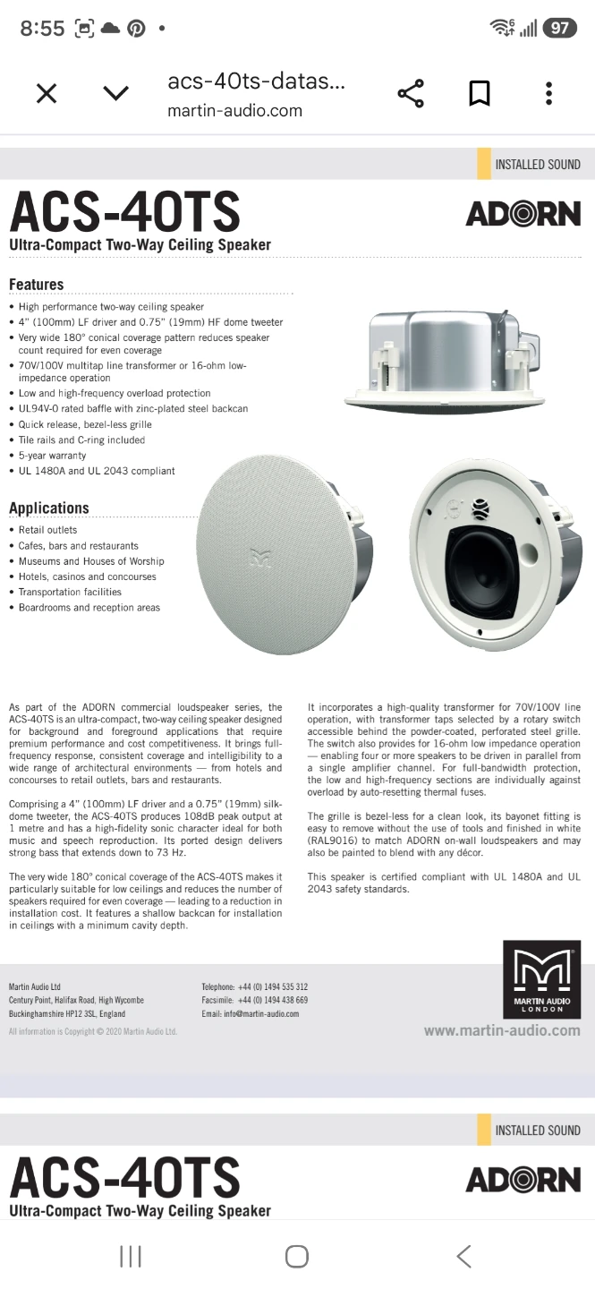 Martin Audio ACS-40TS-W 4-Inch Ceiling Speakers, White, Pair - photo 3