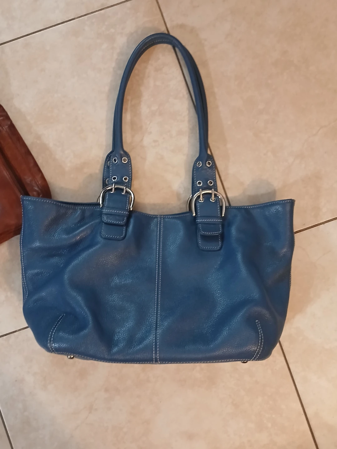 Blue Leather Tote Handbag